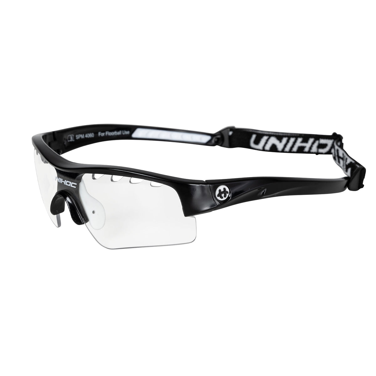 Unihoc Victory Junior protective eyewear with black frames and a Unihoc strap