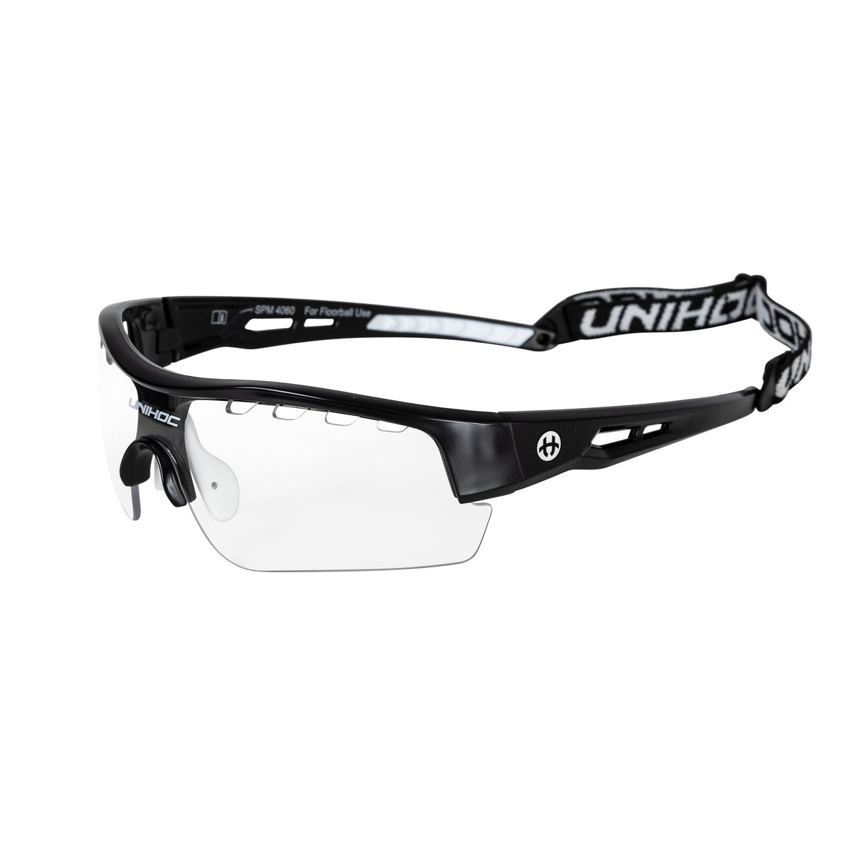 Unihoc Victory Senior protective eyewear with black frames and a Unihoc strap
